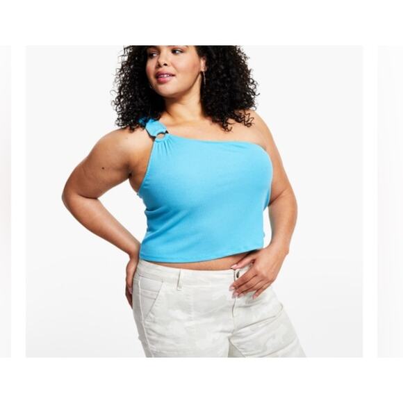 Love, Fire Plus Size One-Shoulder Black Ribbed O-Ring Crop Top Tank 2X NWT - Picture 4 of 4